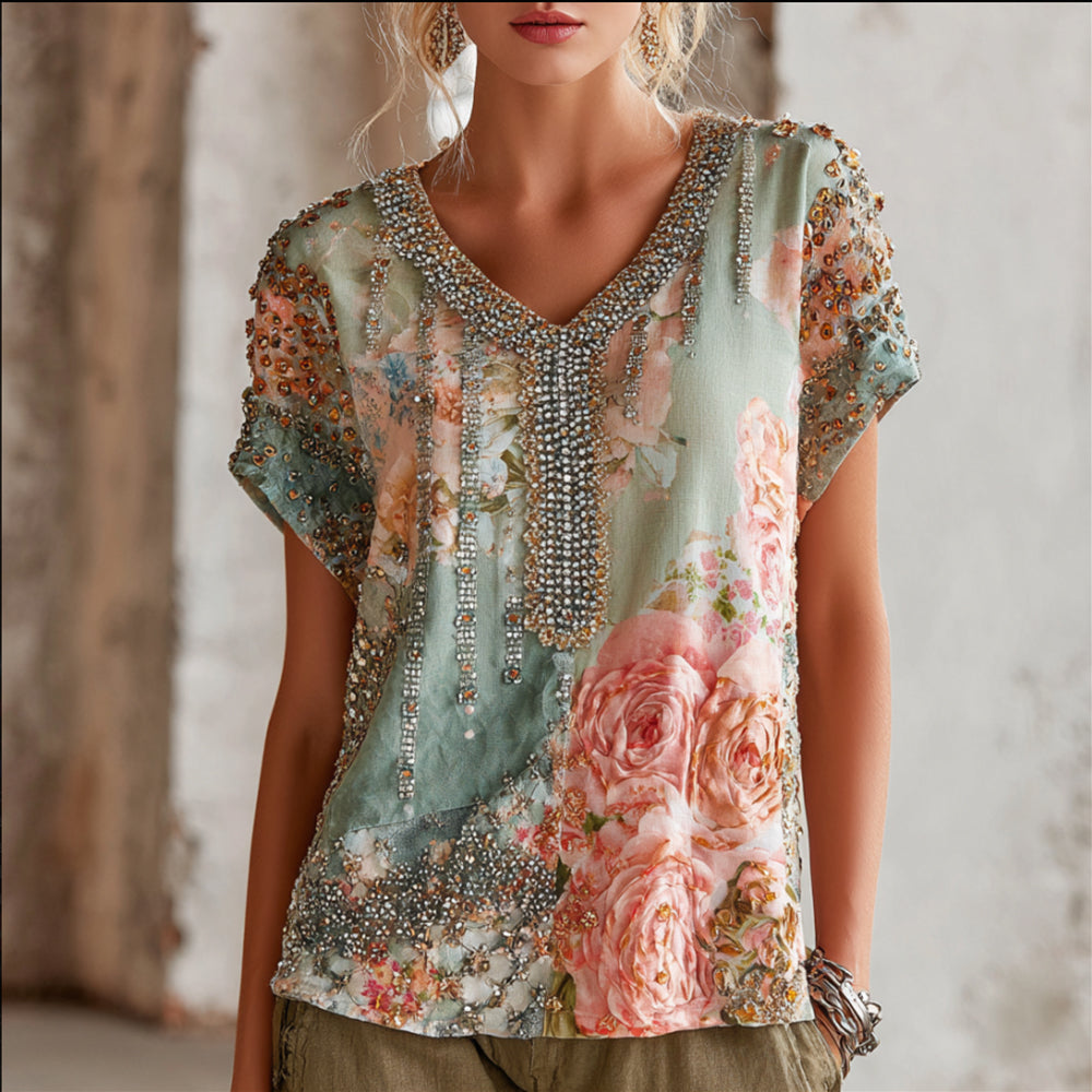 Bohemian Style Pink Rose Diamond Mint Green V-neck Short-sleeved Shirt elevenforest