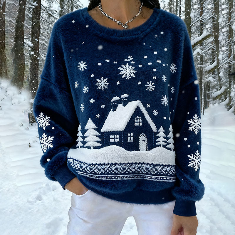 Vintage Christmas Snow Cabin Art Women's Fleece Sweater