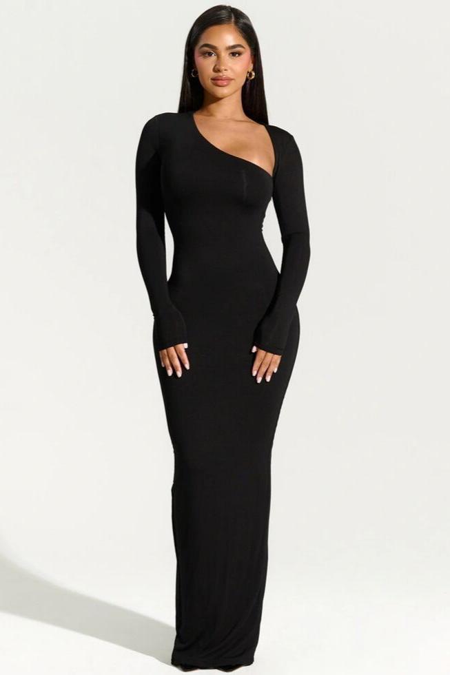 Eclipse Elegance - One-shoulder Slim-fit Maxi Dress