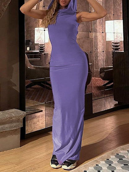 Bodycon High Waisted Hooded Color Split-back Maxi Dresses