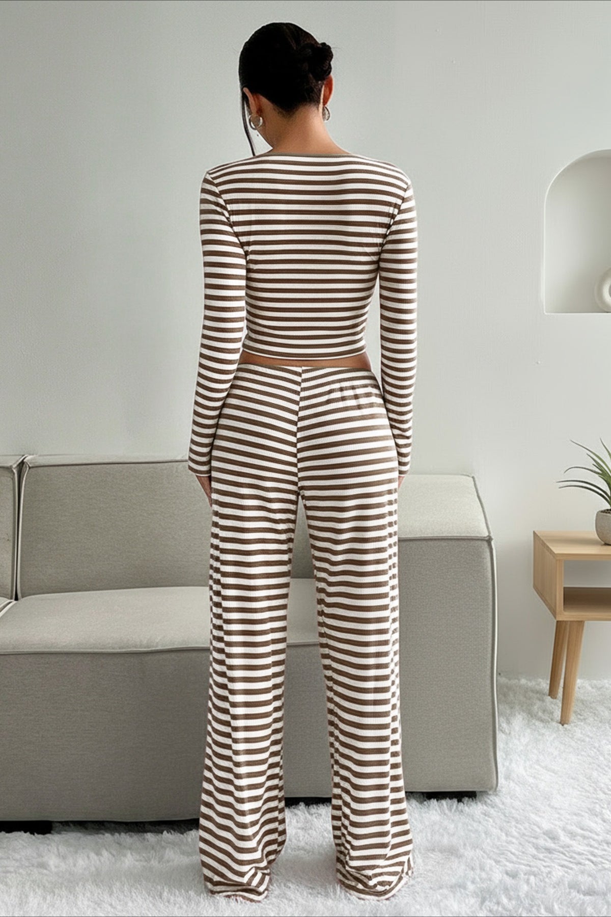 Two Tone Stripe Two Piece Pants Set