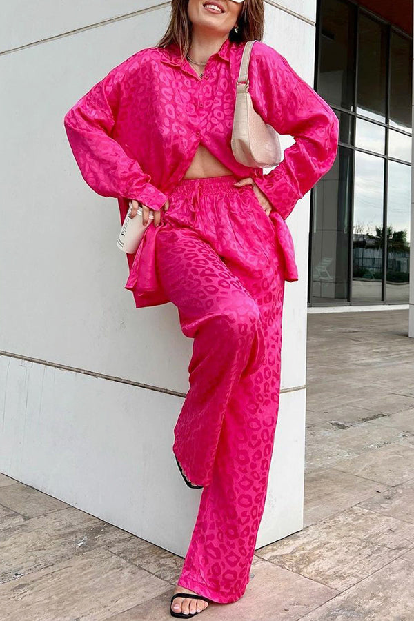 Leopard Print Jacquard Long Sleeved Shirt With Elastic Waist and Pant Two Piece Set