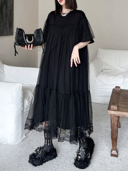 Fake Two-piece Loose Gauze Pleated Color Split-joint Tiered Round-neck Midi Dresses