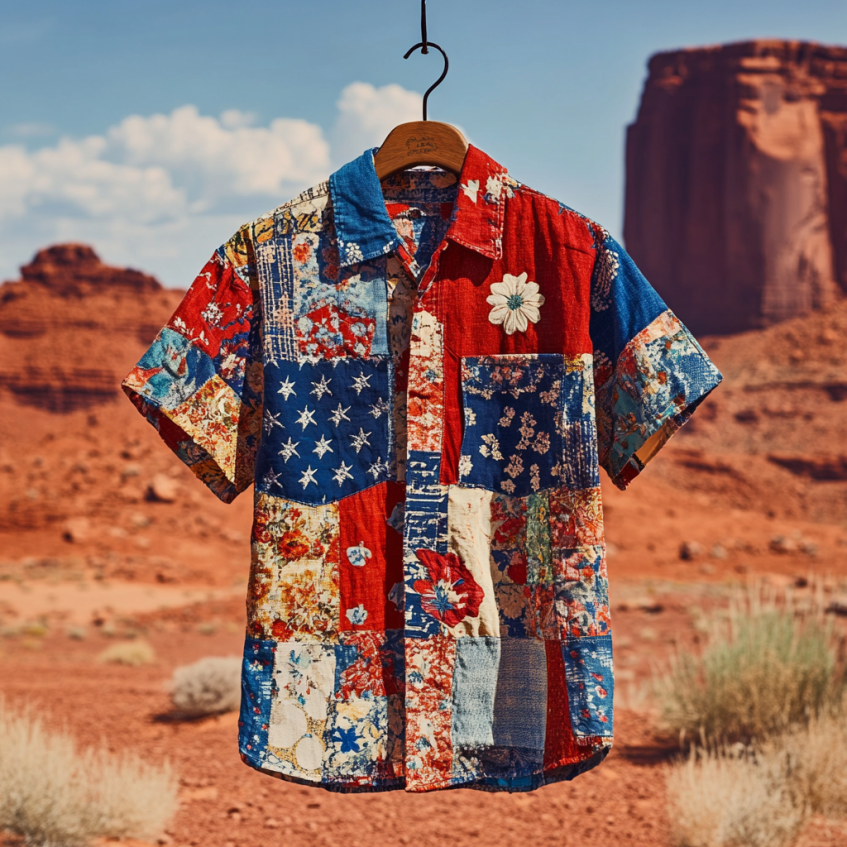 Men's Independence Day America Blue Red With Floral Patchwork Pattern Art Casual Short Sleeve Shirts elevenforest