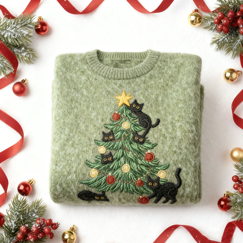 Cute Black Cat Christmas Tree Cozy Knit Sweater elevenforest