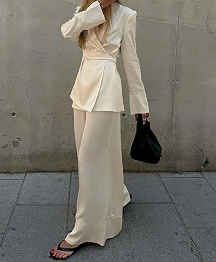Apricot Lace-up Straight Trousers Office Two Piece Set