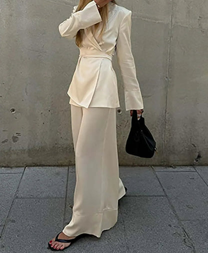 Apricot Lace-up Straight Trousers Office Two Piece Set
