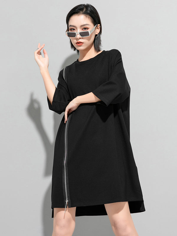 Original Black Zipper Batwing Sleeve Round-neck Mini Dress