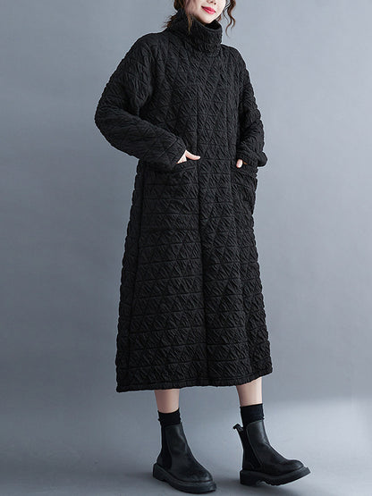 Long Sleeves Loose Color Textured High-neck Cotton Padded Midi Dresses