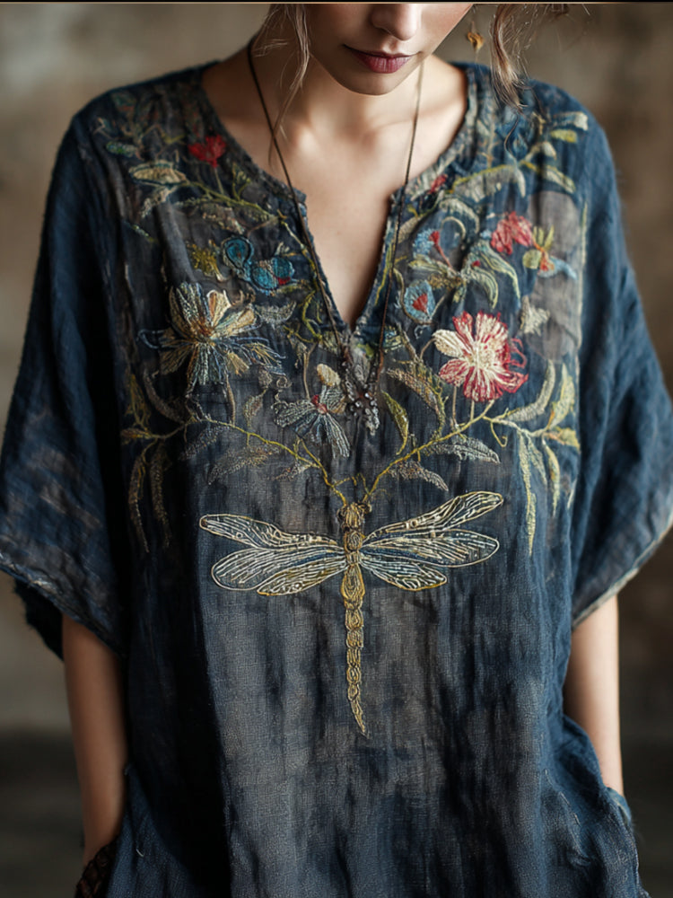 Vintage Cotton And Linen Tie-dye T-shirt With Dragonfly And Flower Pattern, V-neck, Short Sleeve elevenforest