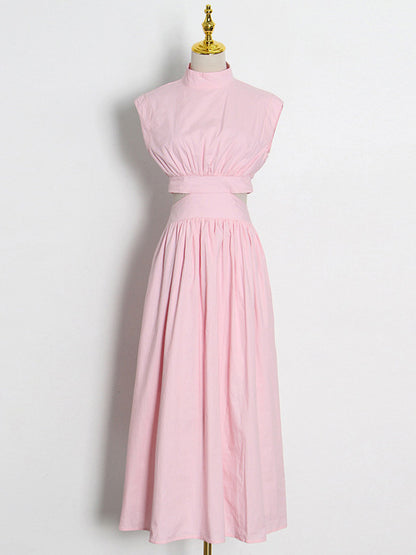 Vacation Loose Sleeveless Hollow Color Stand Collar Maxi Dresses