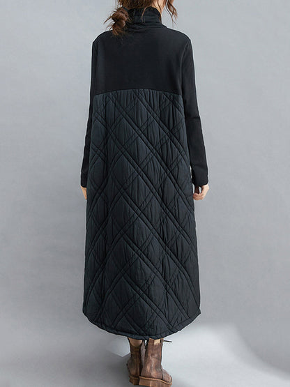 Simple Split-joint High-neck H-line Quilted Midi Dress