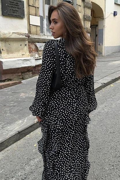 V-neck Polka Dot Puff Sleeve A-line Maxi Dress