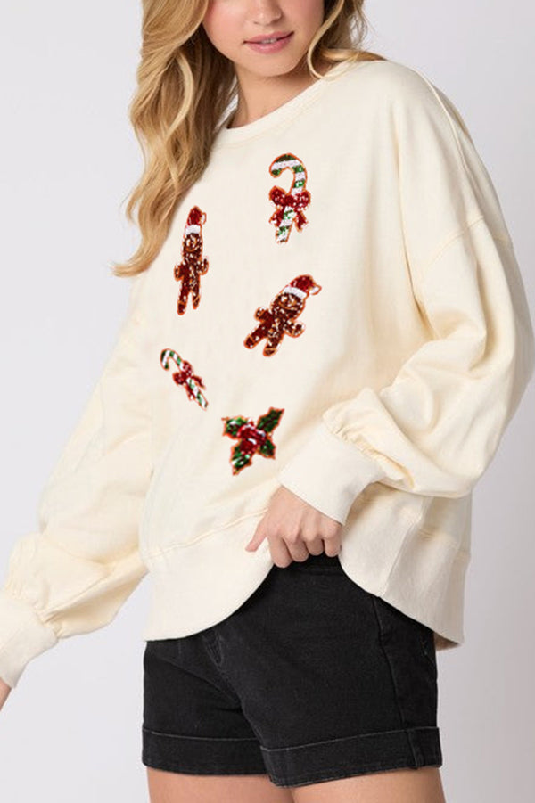 Christmas Gingerbread Man Sequin Long Sleeve Sweatshirt