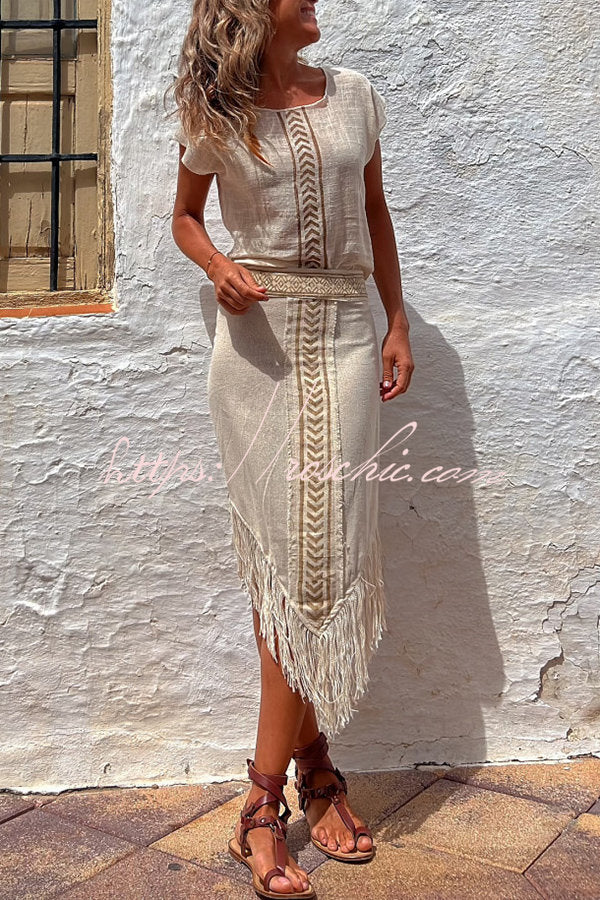 Chill Style Linen Blend Print Wrap Tassel Midi Skirt
