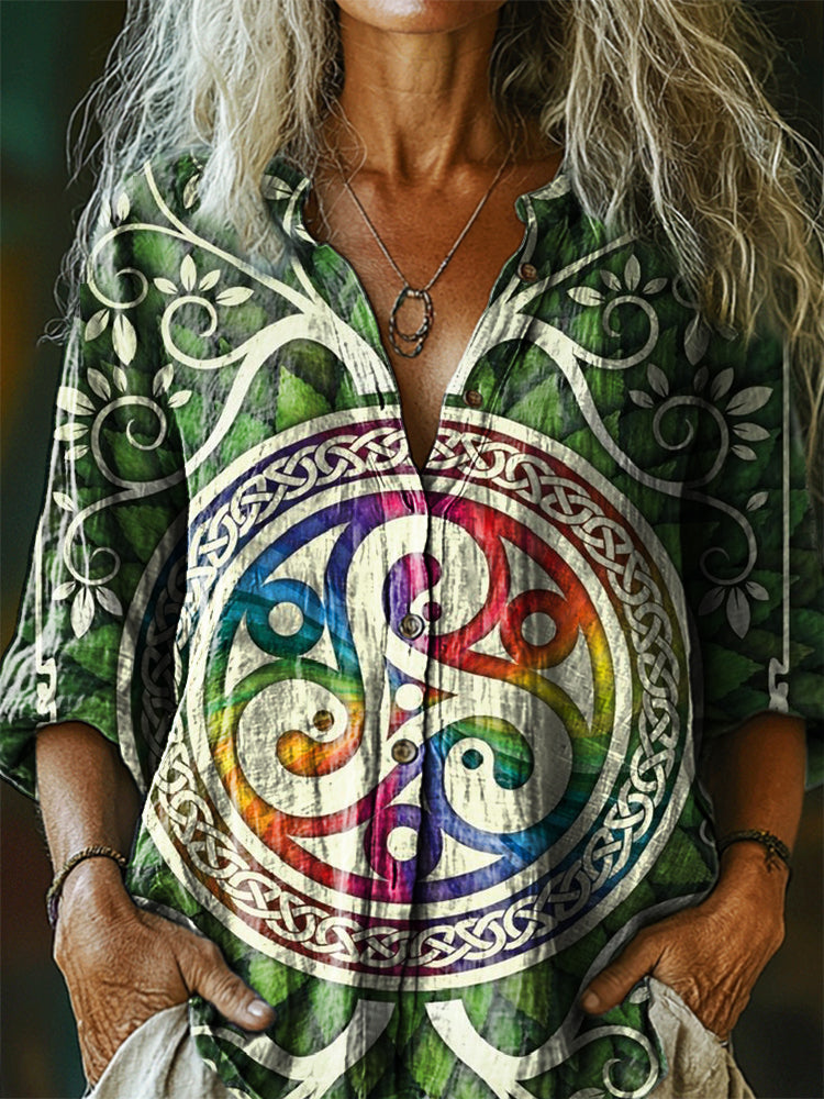 Women's Celtic Art Print Casual Cotton Linen Shirt