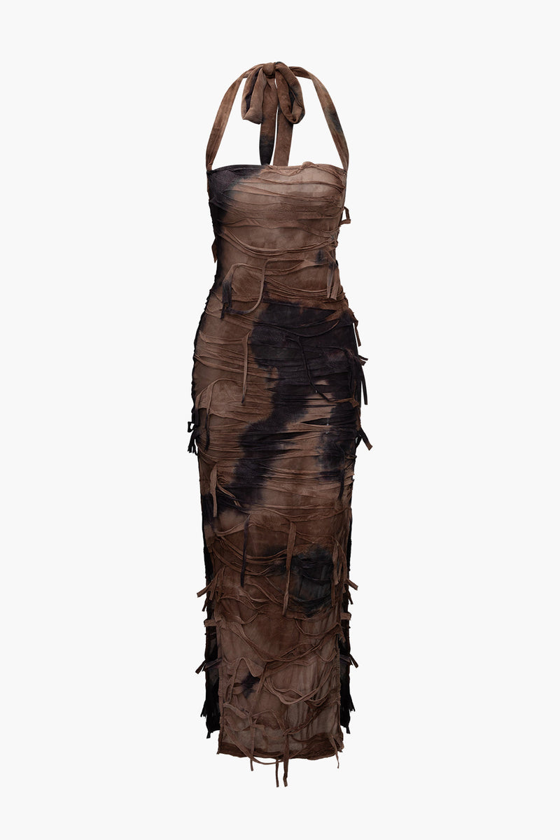 Tie Dye Distressed Mesh Maxi Dress With Slit Halter