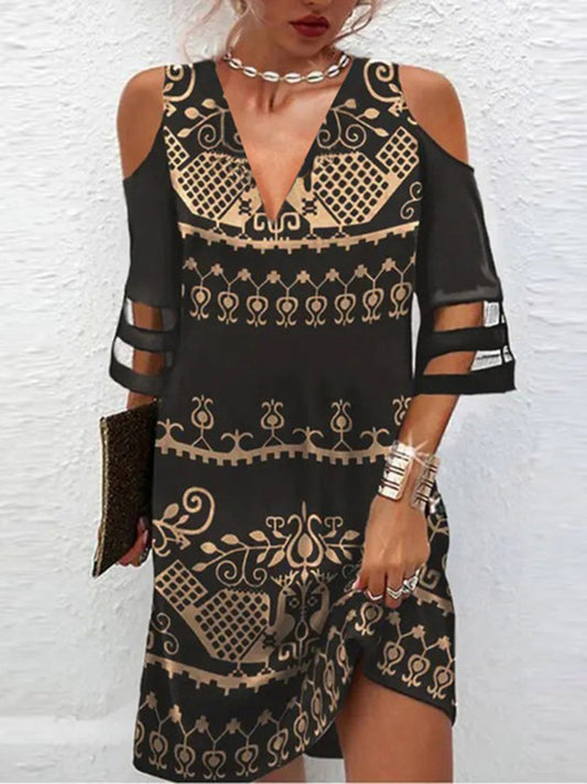Half Sleeves Loose Hollow Mesh Printed Split-joint Cold Shoulder Mini Dresses