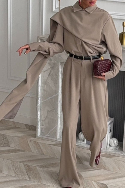 Lapel Scarf Top & Wide Leg Pants Two Piece Set