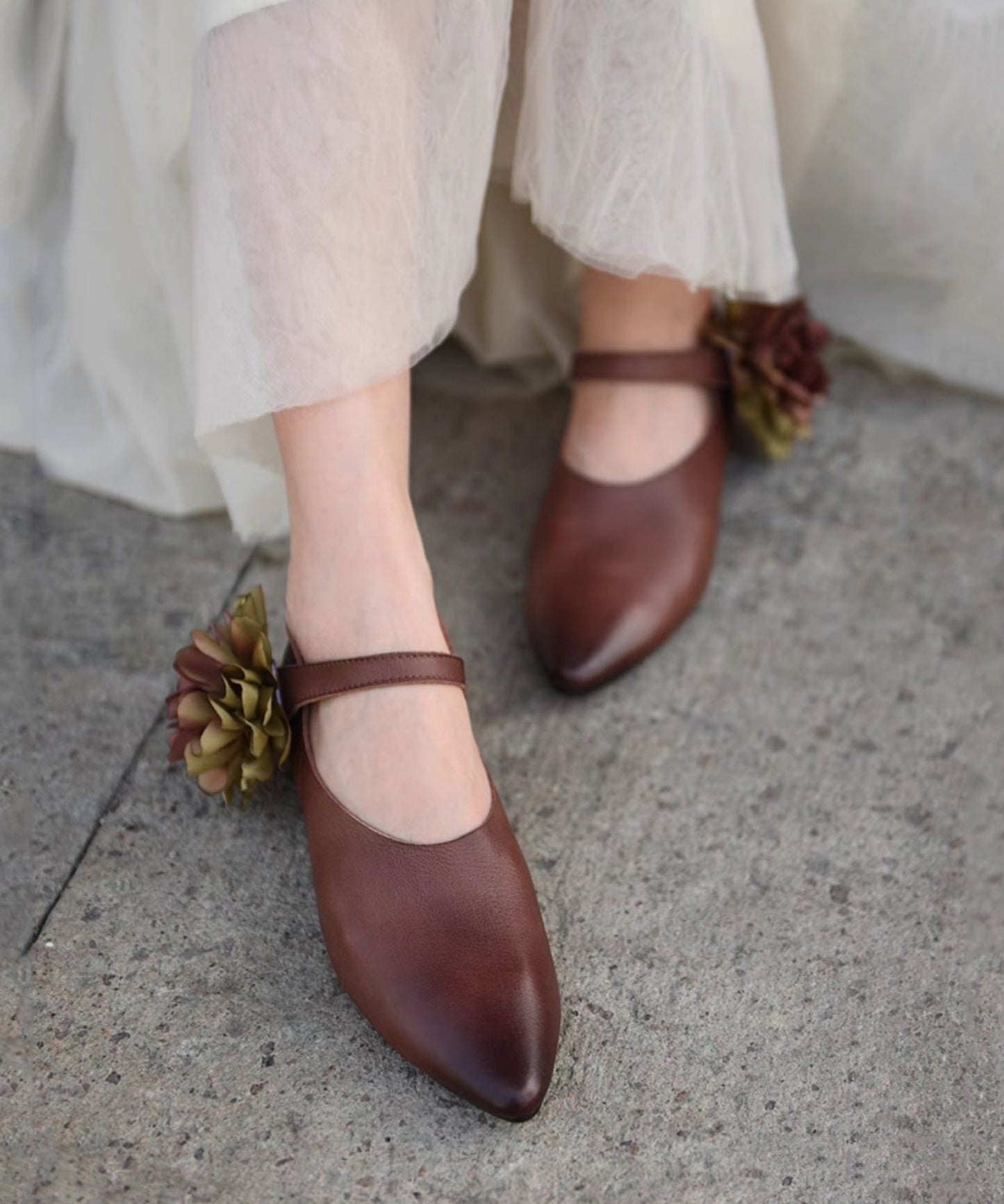 Coffee Flat Shoes for Buckle Strap Splicing