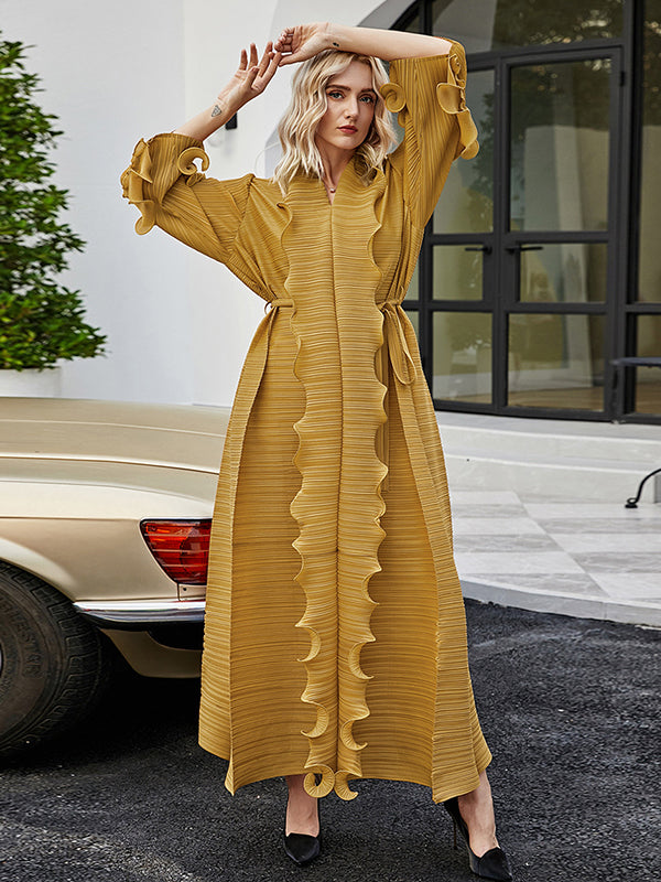 Original Loose Long Sleeves Tied Pleated Falbala Color V-neck Maxi Dresses