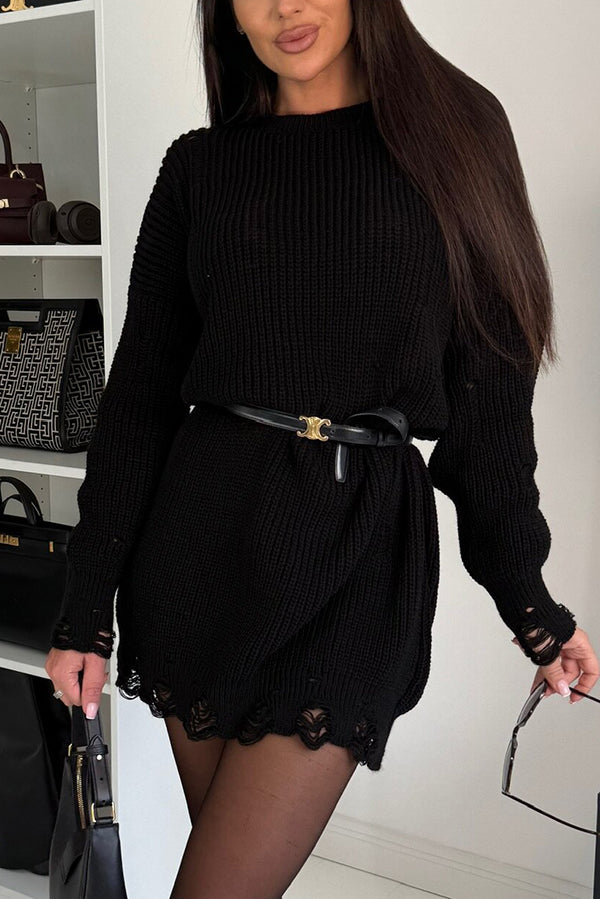Color Loose Ripped Knitted Mid-length Sweater