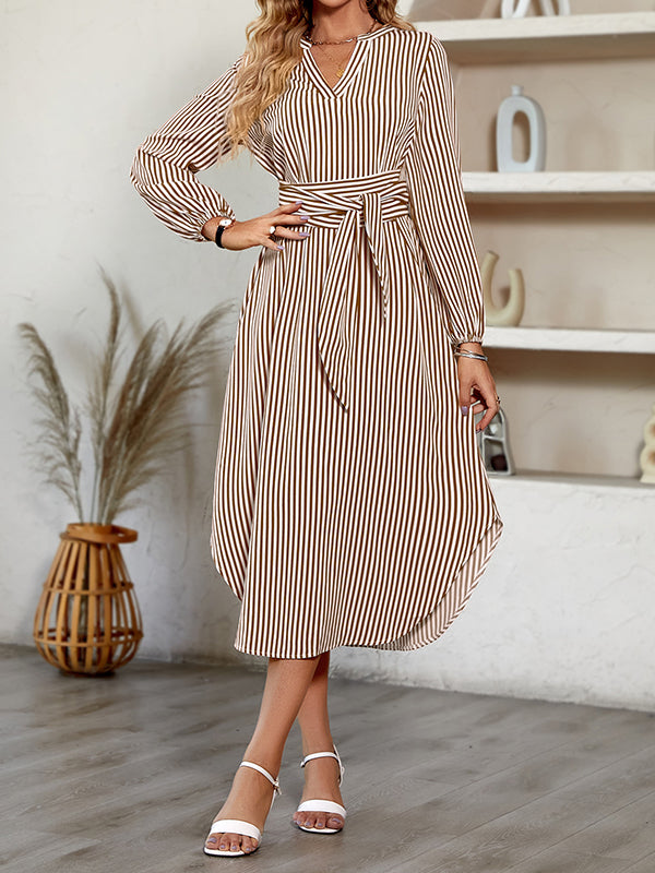 A-line Long Sleeves Striped Tied Waist V-neck Midi Dresses Shirt Dress