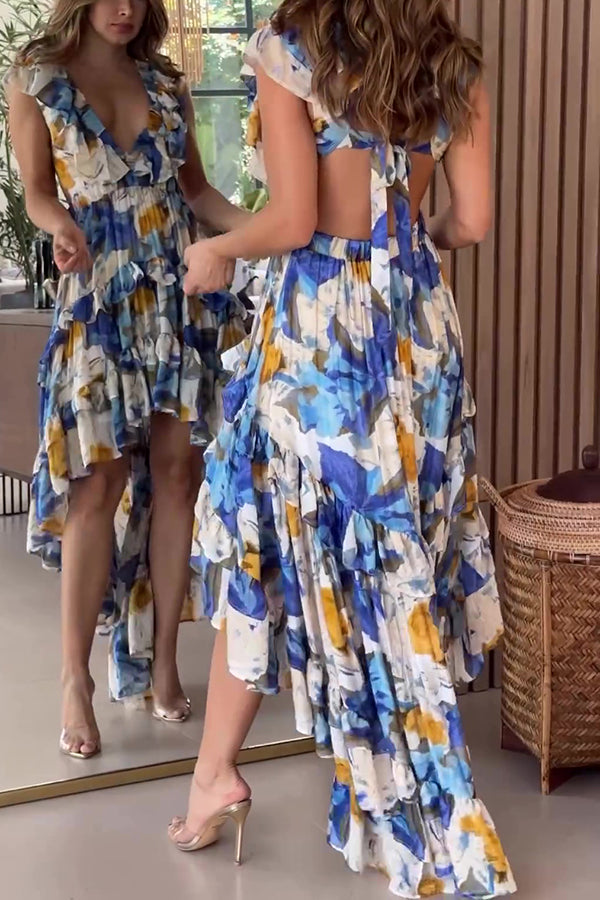 Print V-neck Backless Resort Maxi Dress