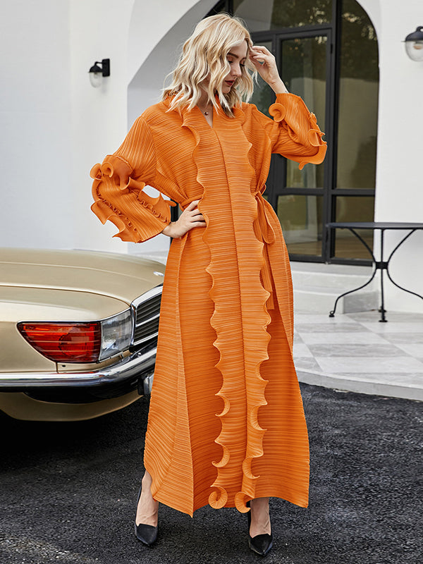 Original Loose Long Sleeves Tied Pleated Falbala Color V-neck Maxi Dresses