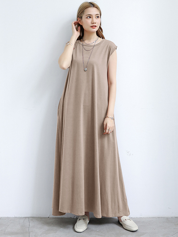 Simple Loose Sleeveless Color Round-neck Maxi Dresses