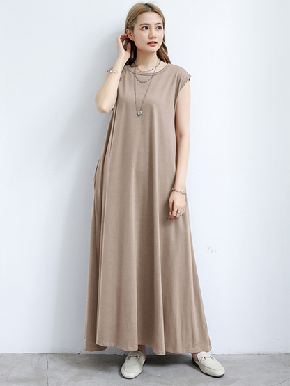 Simple Loose Sleeveless Color Round-neck Maxi Dresses