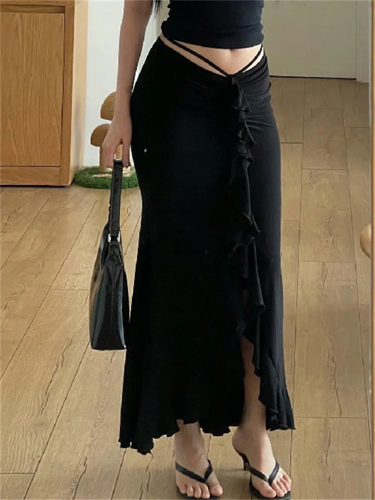 Ruffled Tassel Skirt for Patchwork Pleated Y2k Skirt Low Waist Lace-up Slim Outfits Black Midi Skirt