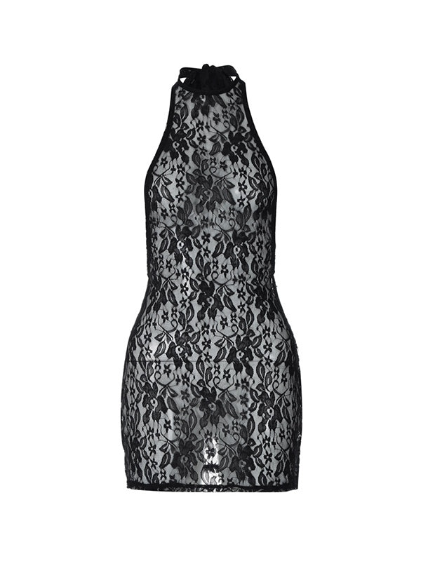 Black Lace Halter Backless Mini Dress With Tie Back