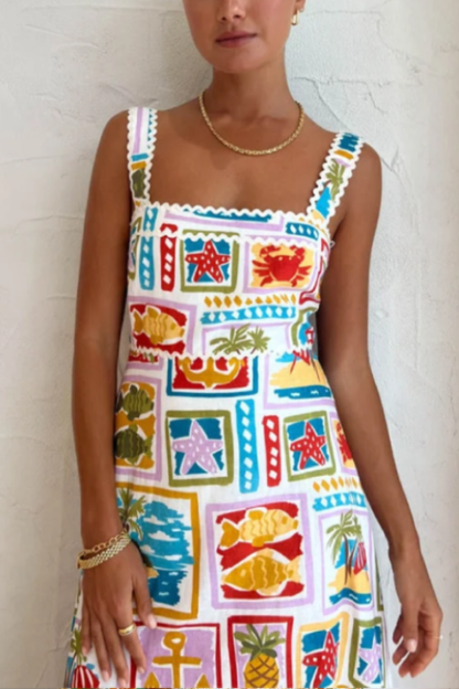 Oil Painting Art Print Wave Edge Sling Maxi Dress