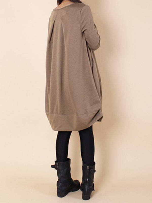 A-line Long Sleeves Pleated Color Round-neck Dresses Maxi Dresses