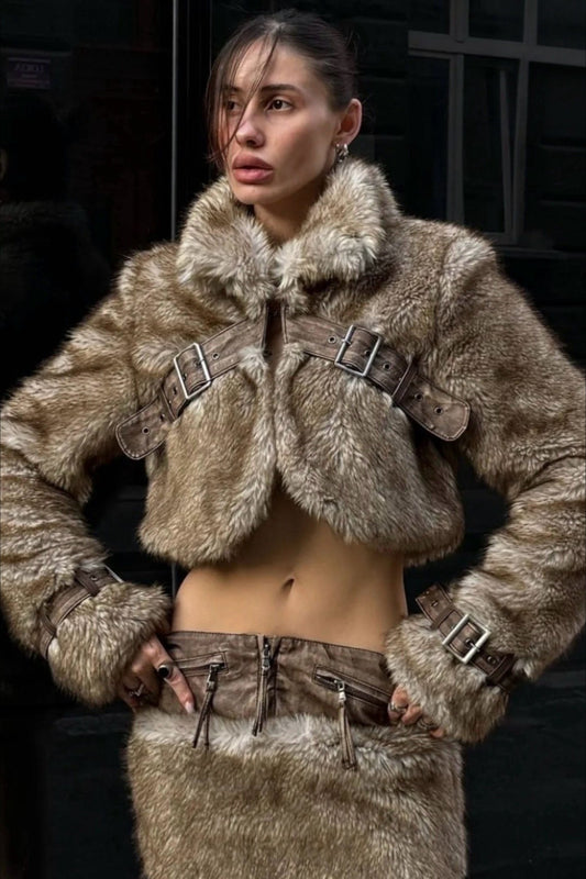 Cropped Patchwork Stand Collar Coat
