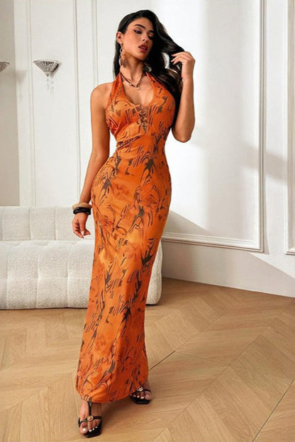V-neck Halter Backless Print Maxi Dress