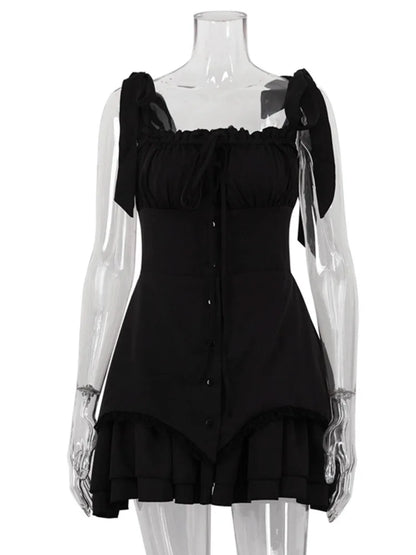 Sleeveless Ruffled Mini Dress for Robe Spaghetti Strap Backless Lace-up Bodycon Dress Clubwear