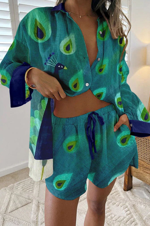 Smart Peacock Print Buttoned Lace Up Shorts Set