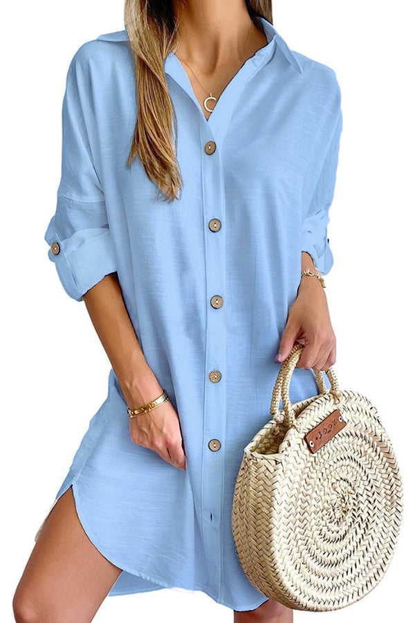 Color Button-down Shirt Style Mini Dress