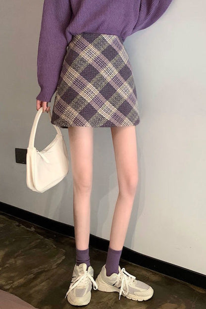 Wool Plaid High Waist A-line Skirt