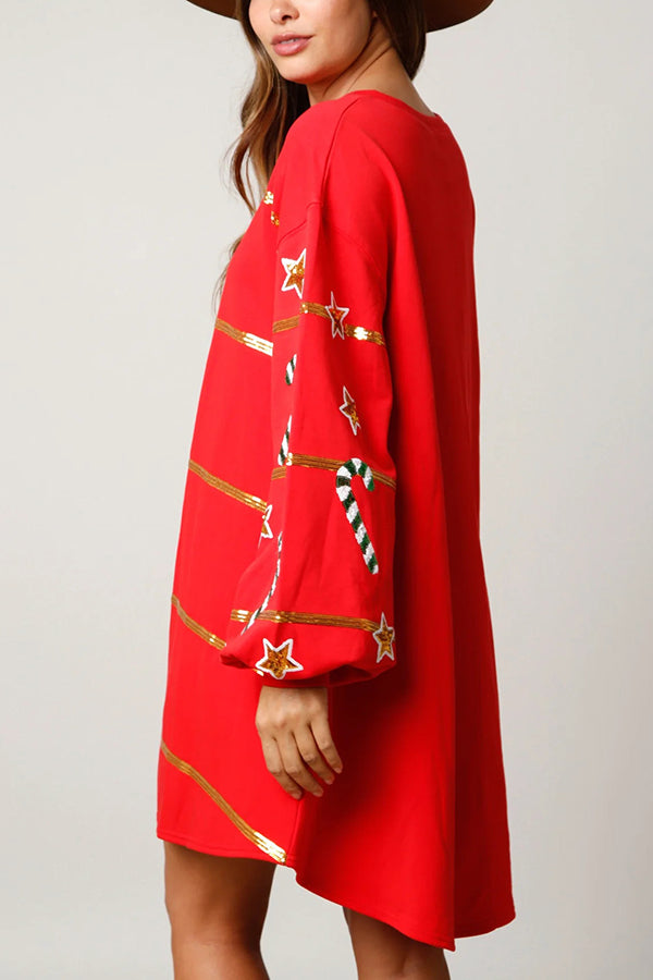 Christmas Candy Sequin Loose Long Sleeve Mini Dress