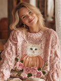 Comstylish Thanksgiving Pumpkin & Cat Lady Knit Sweater