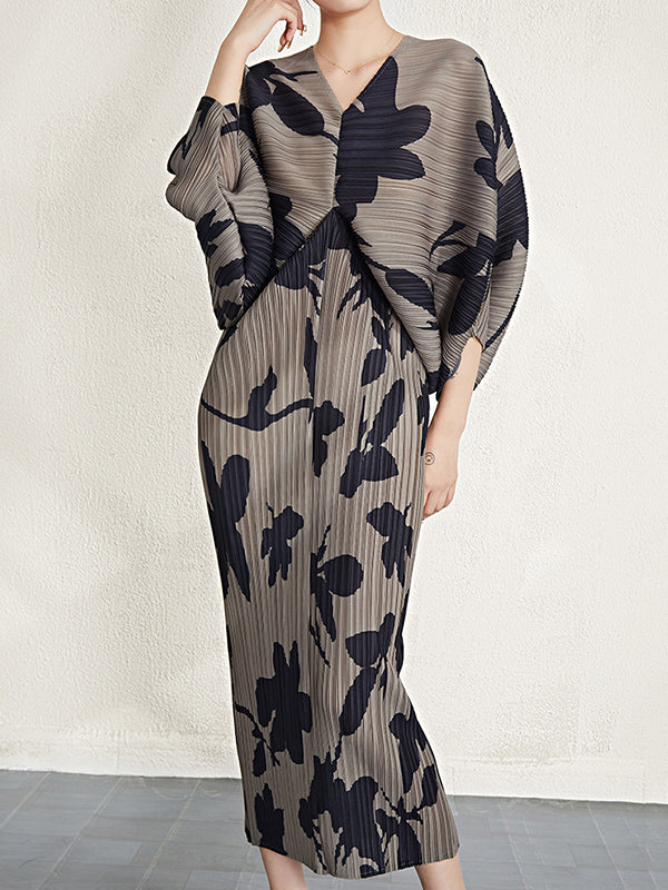 Batwing Sleeves Loose Pleated Printed V-neck Midi Dresses