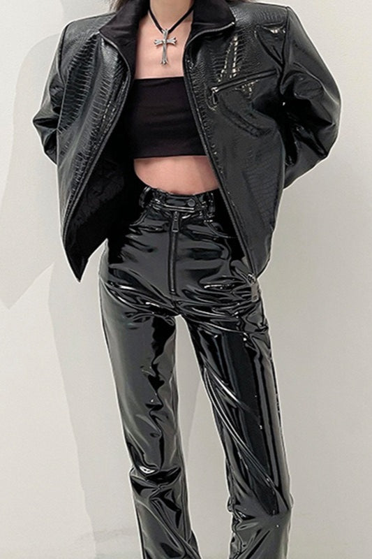 High Shine Pu Leather Slim Straight Pants