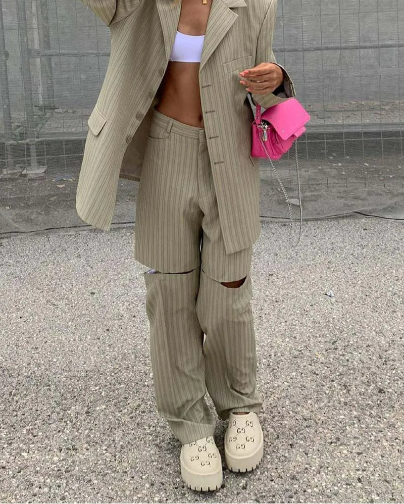 Khaki Print Hollow Out Trousers Office Two Piece Set