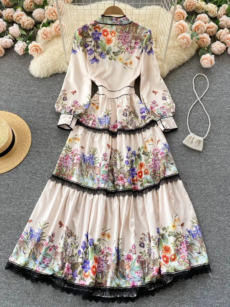 Long Dress Slim Printed Party Dresses Tie Bow Elastic Waist Lantern Long Sleeve Long Robe Vestidos