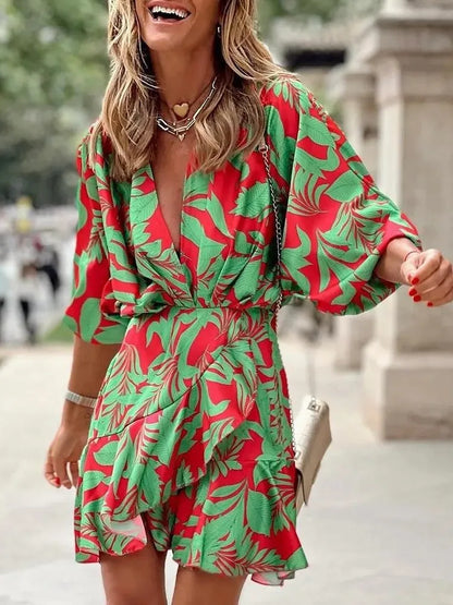 Summer Irregular Mini Dress Print Bohemia Sundress Bat Sleeve Ruffles Vestidos Dresses for