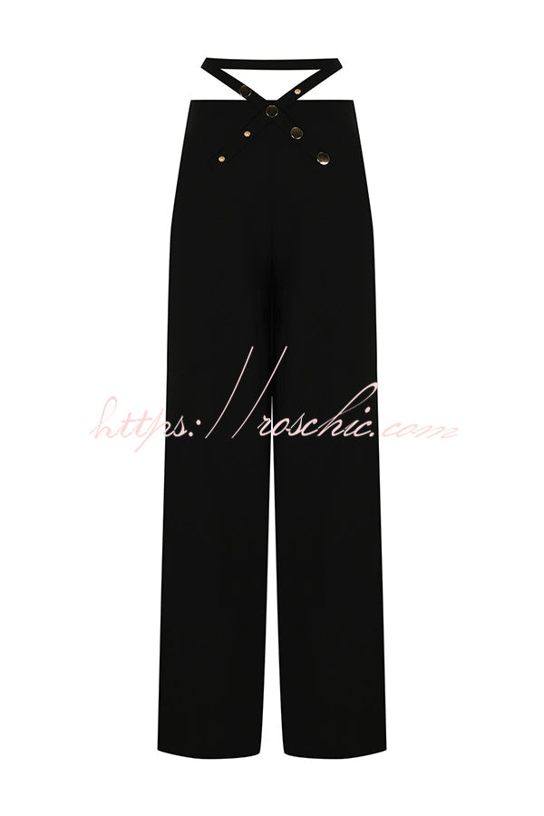 Leia High Neck Button Bell Sleeve Top and Cutout Waist Metal Pocketed Flare Pants Set