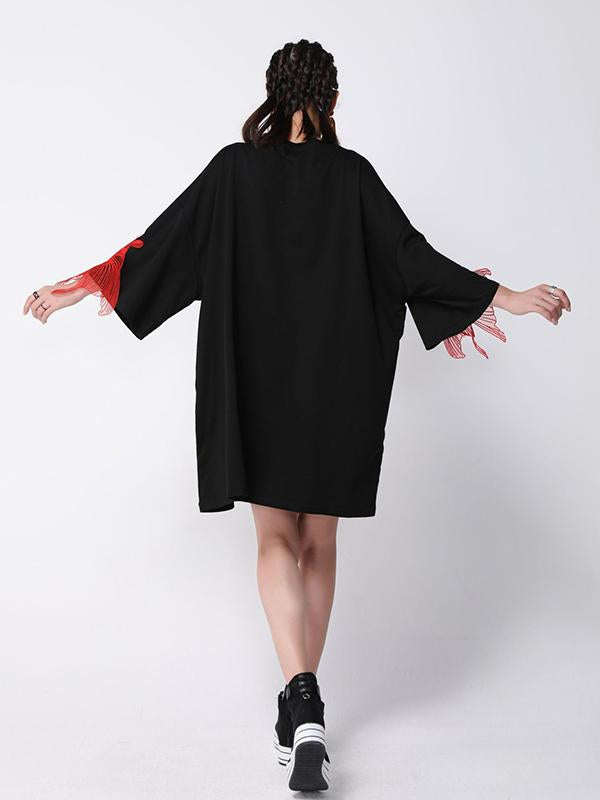 Red Goldfish Embroidered Loose Round Neck T-shirt Dress
